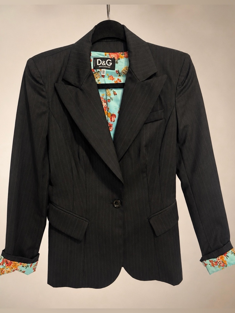 Vtg D&G Dolce & Gabbana Black Pinstripe Floral Blazer Ittierre 40